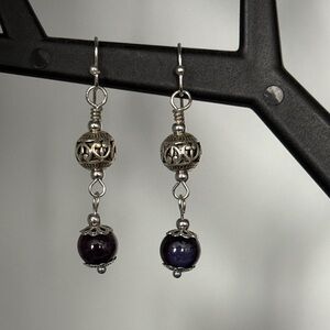 Handmade Silver-Tone Filigree Drop Earrings with Deep Purple Beads